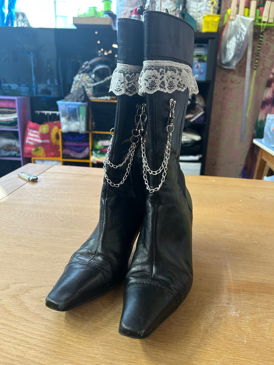 Upcycled Heeled Boots With Lace & Chains - UK 6