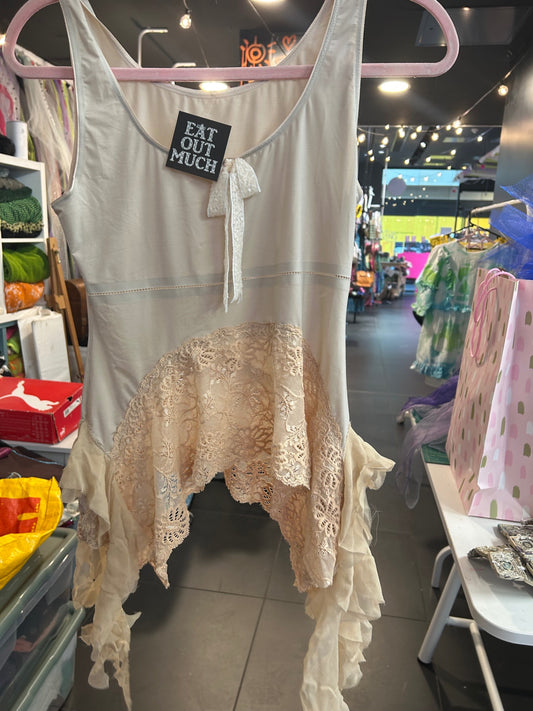 Upcycled Top Peach Lace Frill - M
