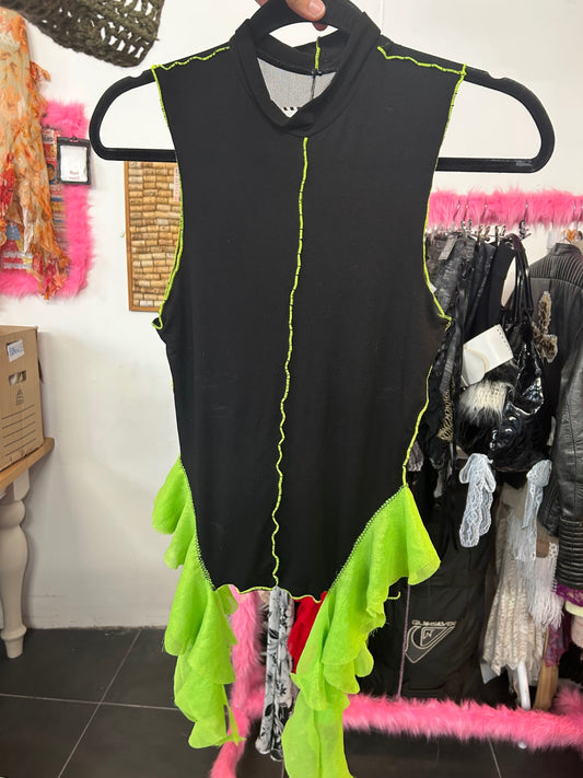 Upcycled Top Neon Green Frill - S/M