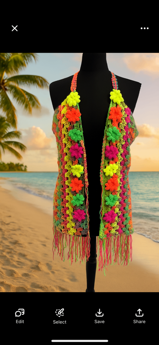 Multicoloured flower beach vest cover up with fringe
