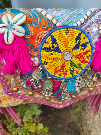 Chilean cross body bag - pink tassles 