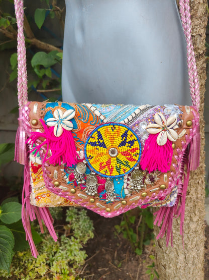 Chilean cross body bag - pink tassles 
