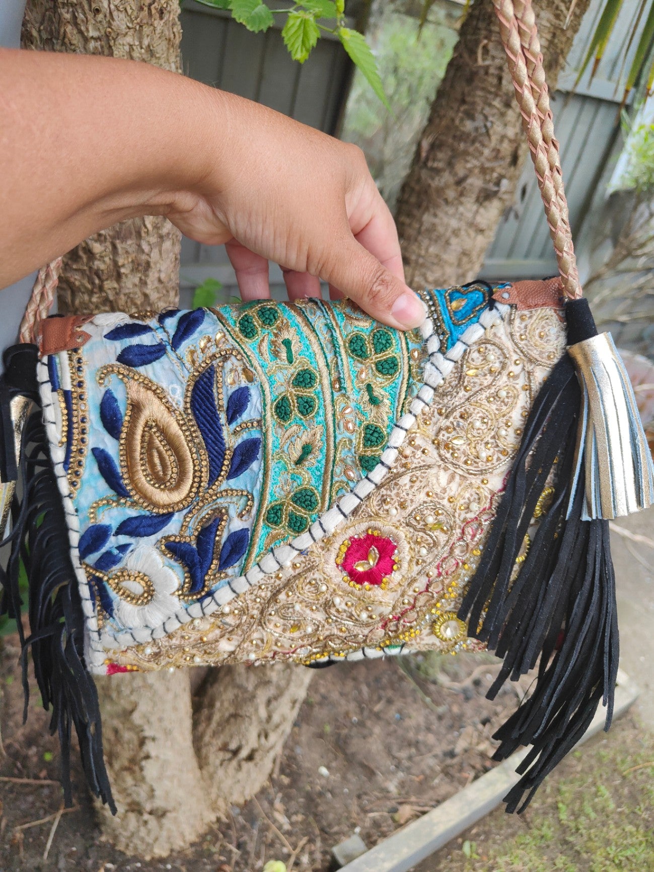 Chilean cross body bag -black tassles