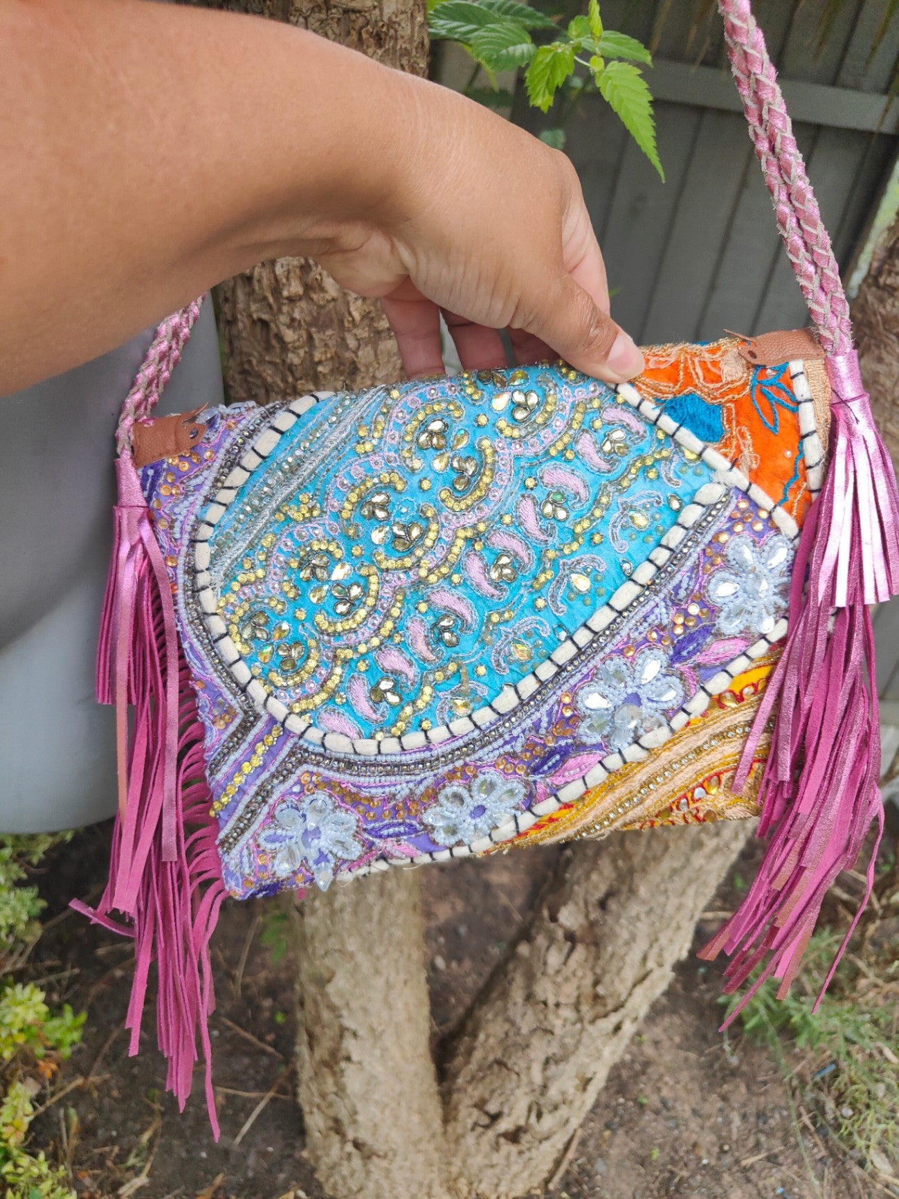 Chilean cross body bag - pink tassles 