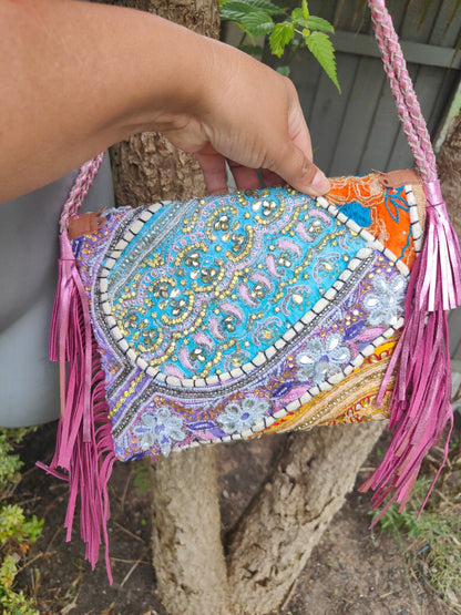 Chilean cross body bag - pink tassles 