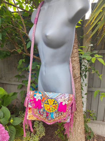 Chilean cross body bag - pink tassles 