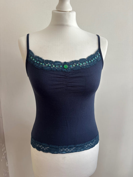 Blue cami top with lace trim 