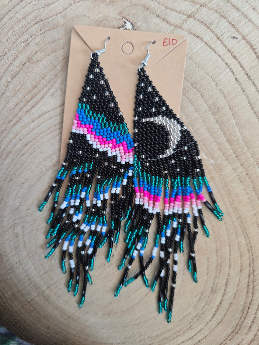 Pink and blue moon beaded earrings 
