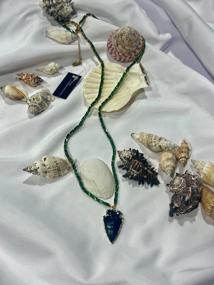 Obsidian Arrow Shield Pendant – Emerald Green Zirconia Necklace