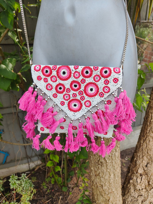 Greek tassle beaded bag -pink white