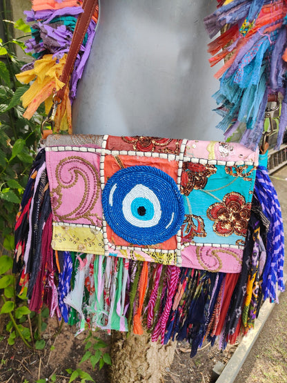 Frill sari cross body bag -evil eye protection 