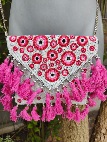 Greek tassle beaded bag -pink white 