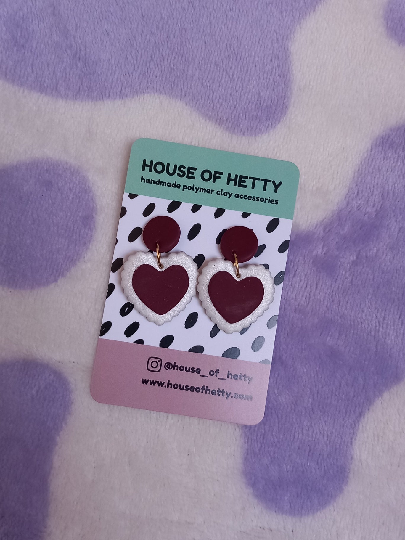 Frill heart polymer clay dangle earrings - burgundy and pearl white