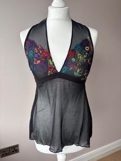 Black mesh cami top with multi colour floral detail 