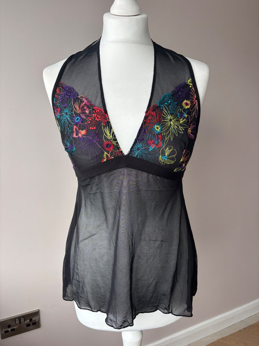 Black mesh cami top with multi colour floral detail 