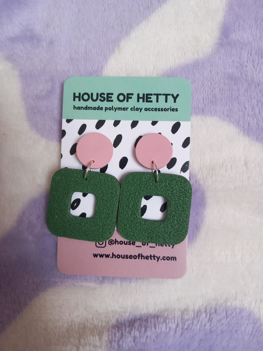 Green and pink textured square polymer clay earrings