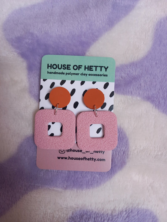 Pink and orange textured square polymer clay earrings