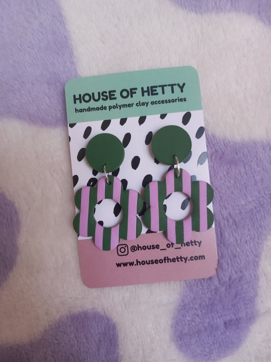 Lilac and green stripy daisy earrings