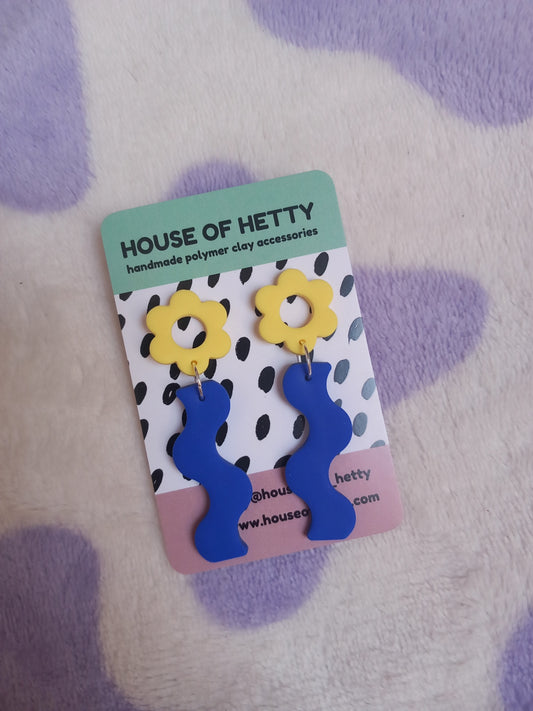 Blue and yellow wiggle daisy earrings