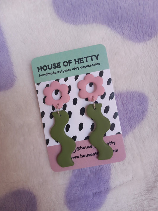 Olive and pink wiggle daisy earrings