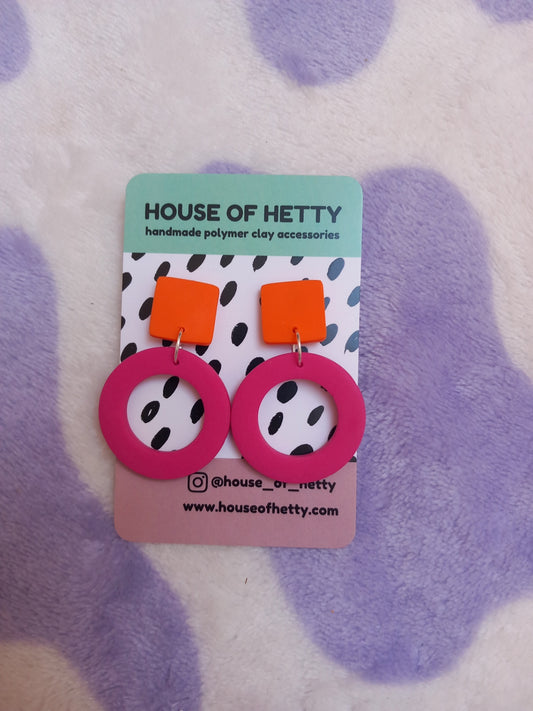 Bright pink and orange donut earrings