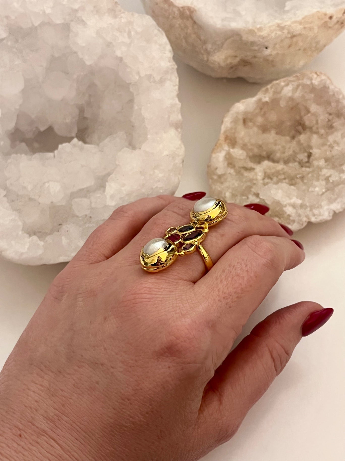 Luna Alchemy Cluster Ring — Biwa Pearl & Rainbow Crystal (Gold)
