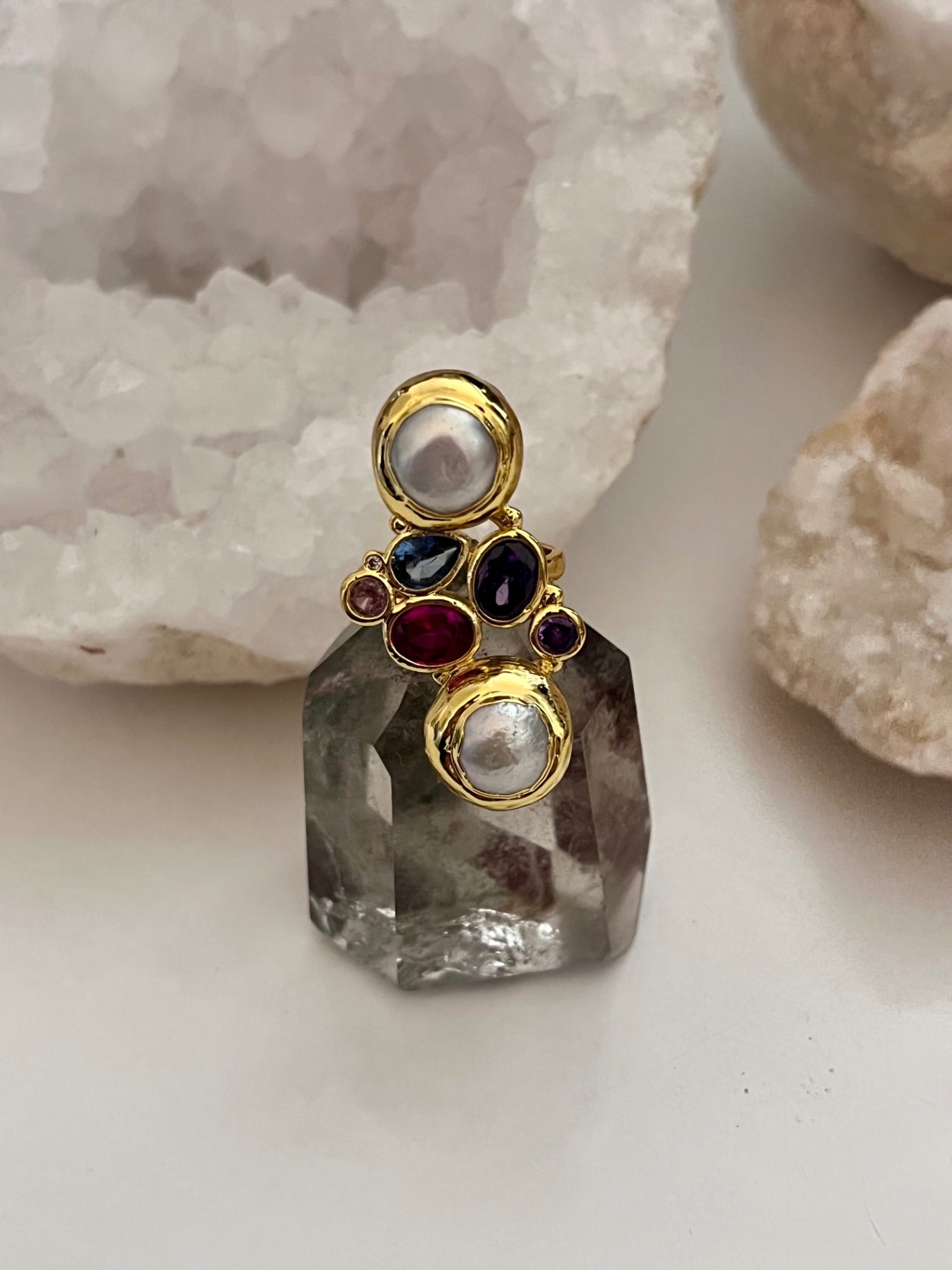 Luna Alchemy Cluster Ring — Biwa Pearl & Rainbow Crystal (Gold)