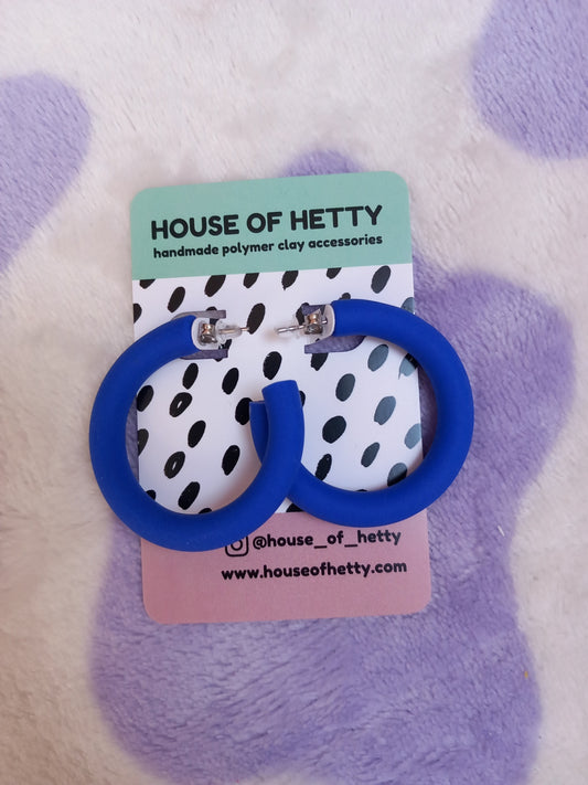 Large blue polymer clay hoop earrings