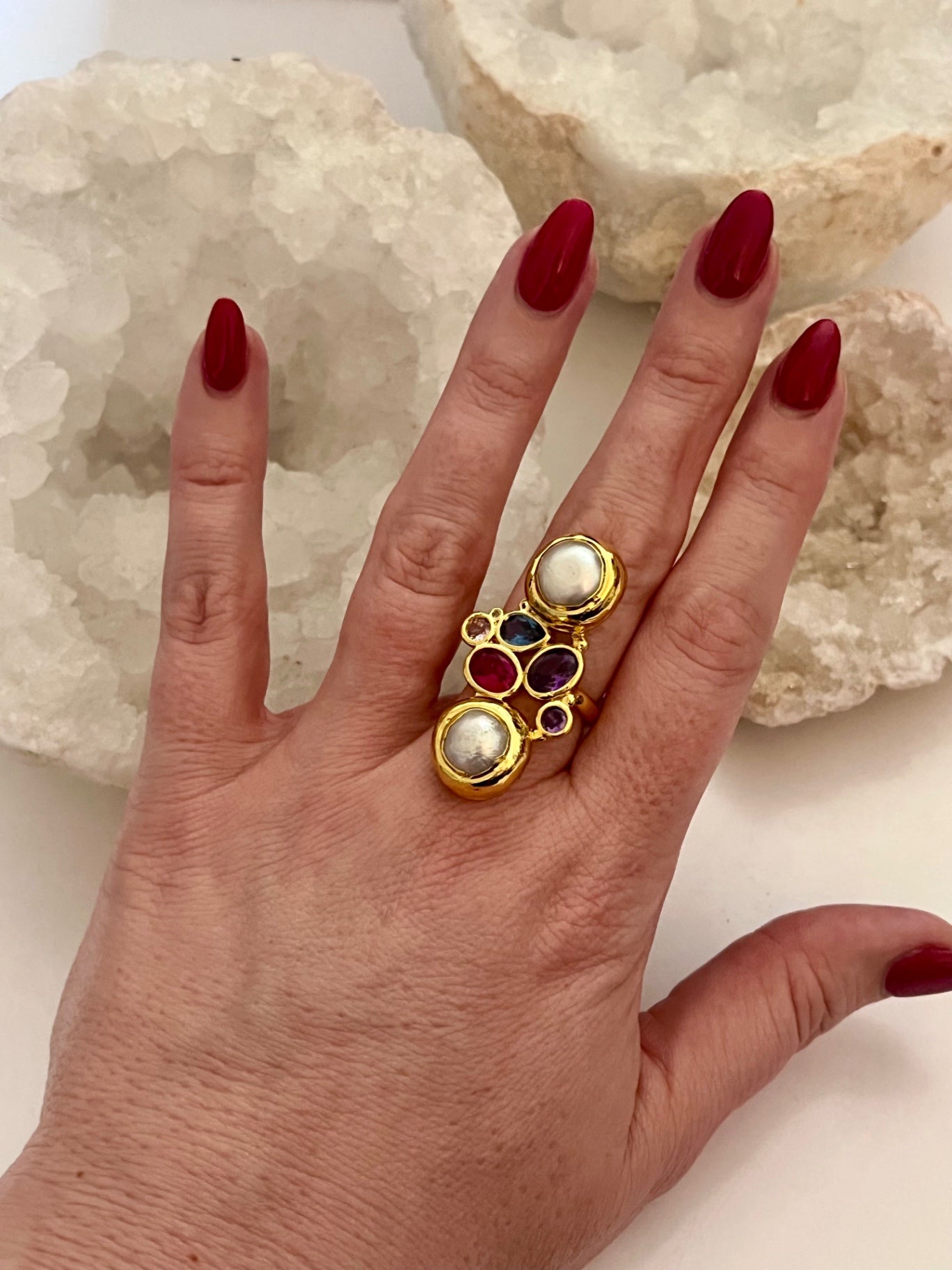 Luna Alchemy Cluster Ring — Biwa Pearl & Rainbow Crystal (Gold)