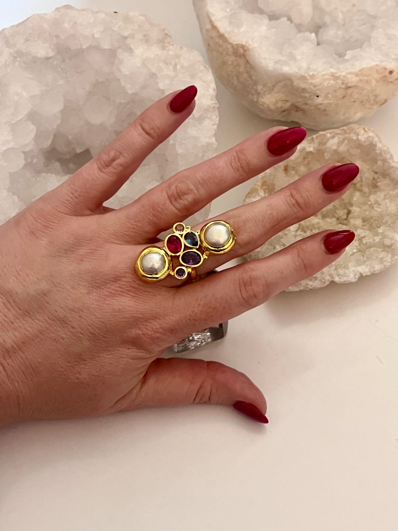 Luna Alchemy Cluster Ring — Biwa Pearl & Rainbow Crystal (Gold)