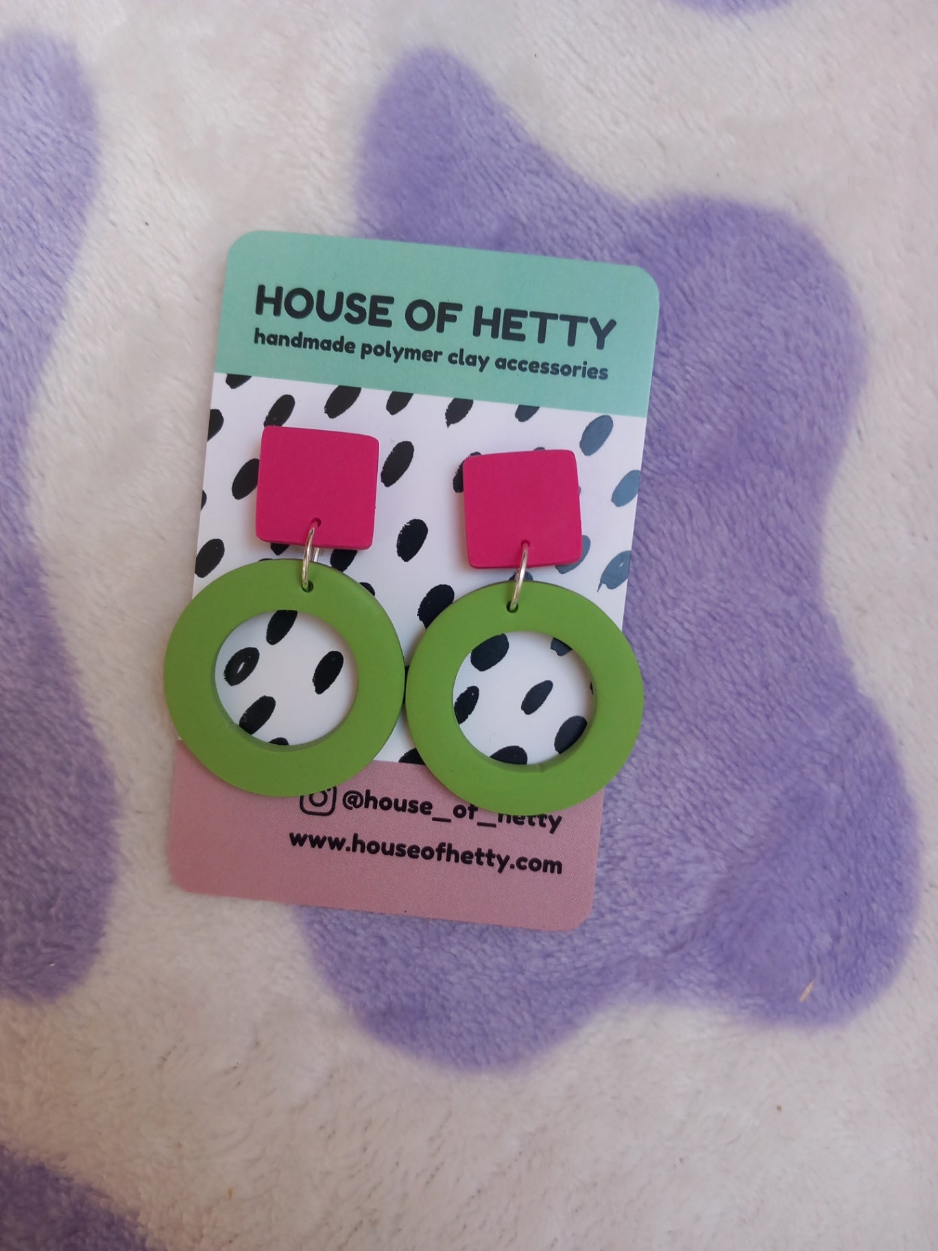 Bright green and pink donut earrings