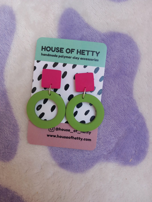 Bright green and pink donut earrings
