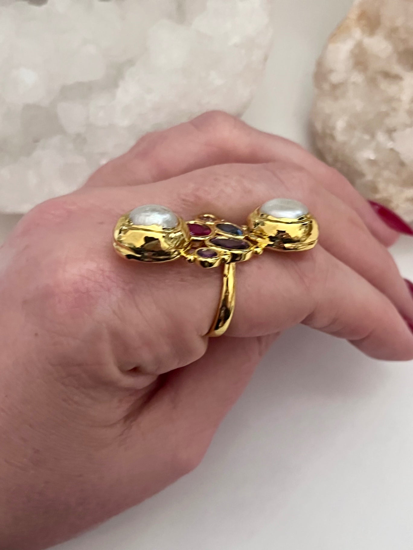 Luna Alchemy Cluster Ring — Biwa Pearl & Rainbow Crystal (Gold)