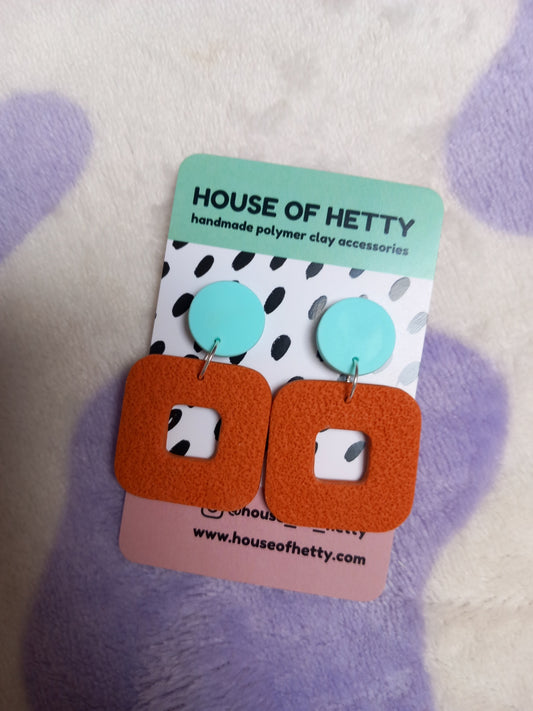 Orange and mint textured square earrings