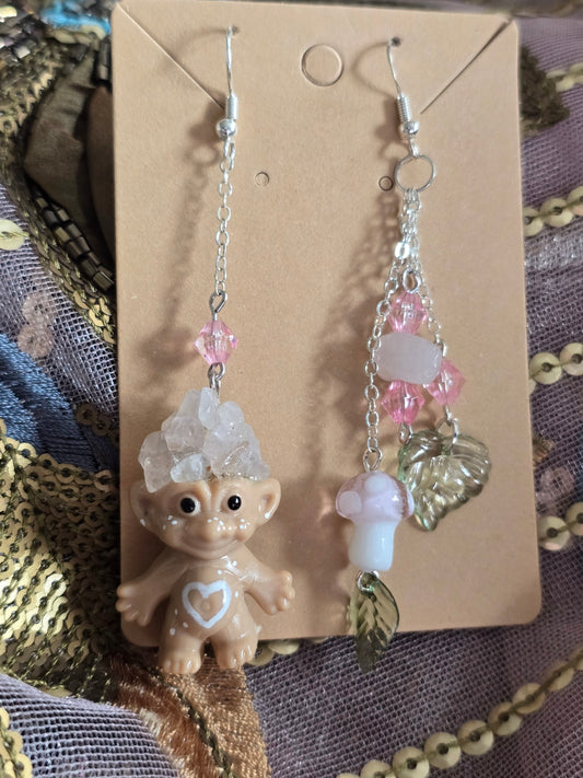 Rose quartz crystal troll dolls earrings 
