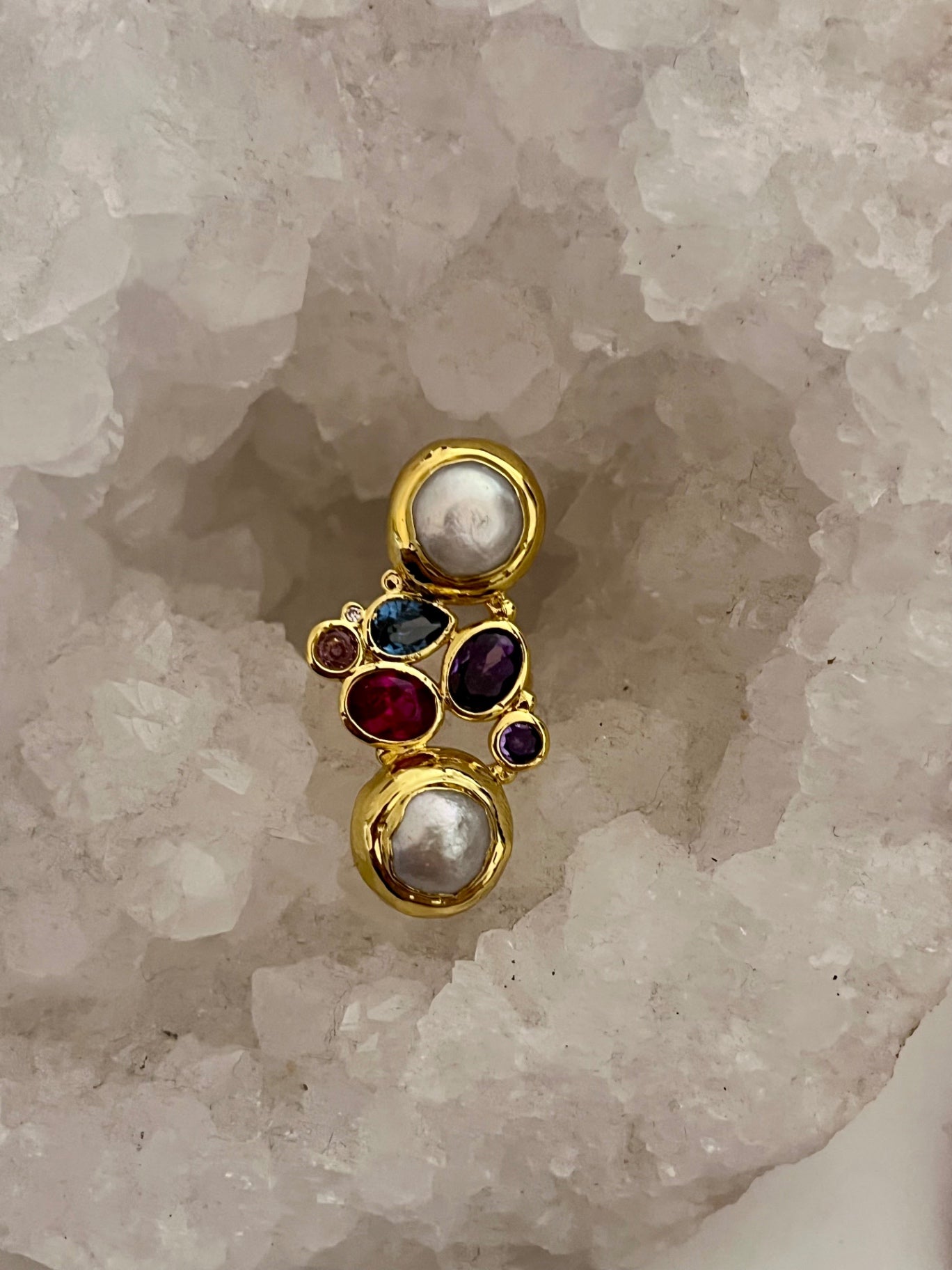 Luna Alchemy Cluster Ring — Biwa Pearl & Rainbow Crystal (Gold)