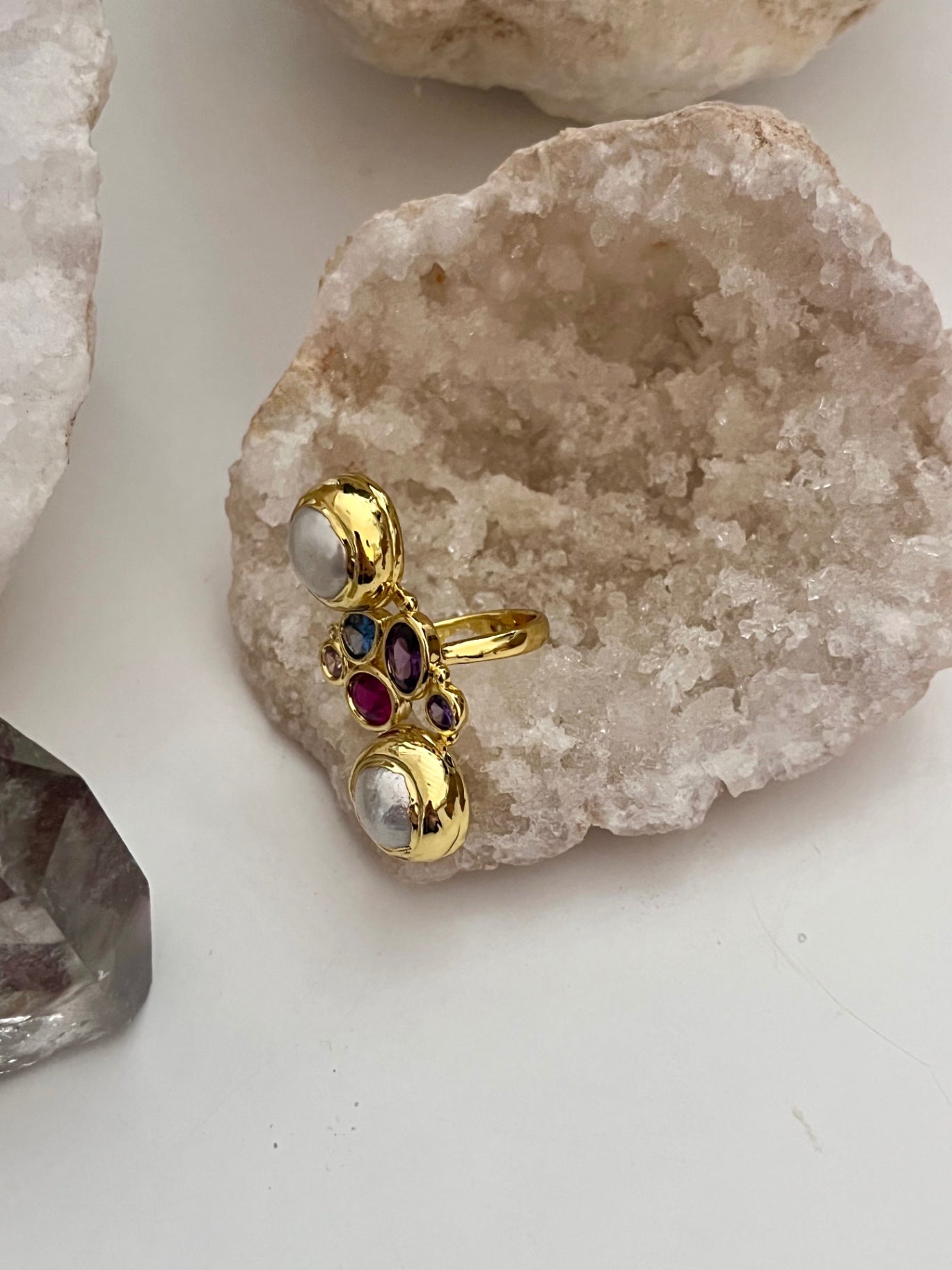 Luna Alchemy Cluster Ring — Biwa Pearl & Rainbow Crystal (Gold)
