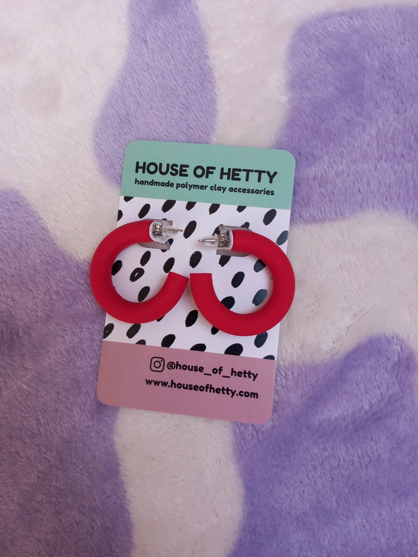 Small cherry red polymer clay hoop earrings 