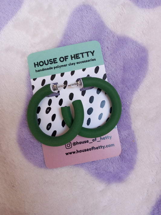 Large dark green polymer clay hoop earrings