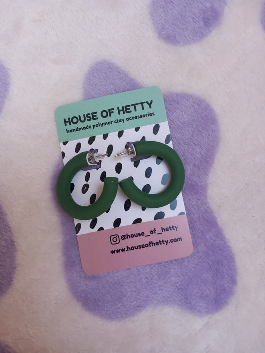 Small dark green polymer clay hoop earrings 