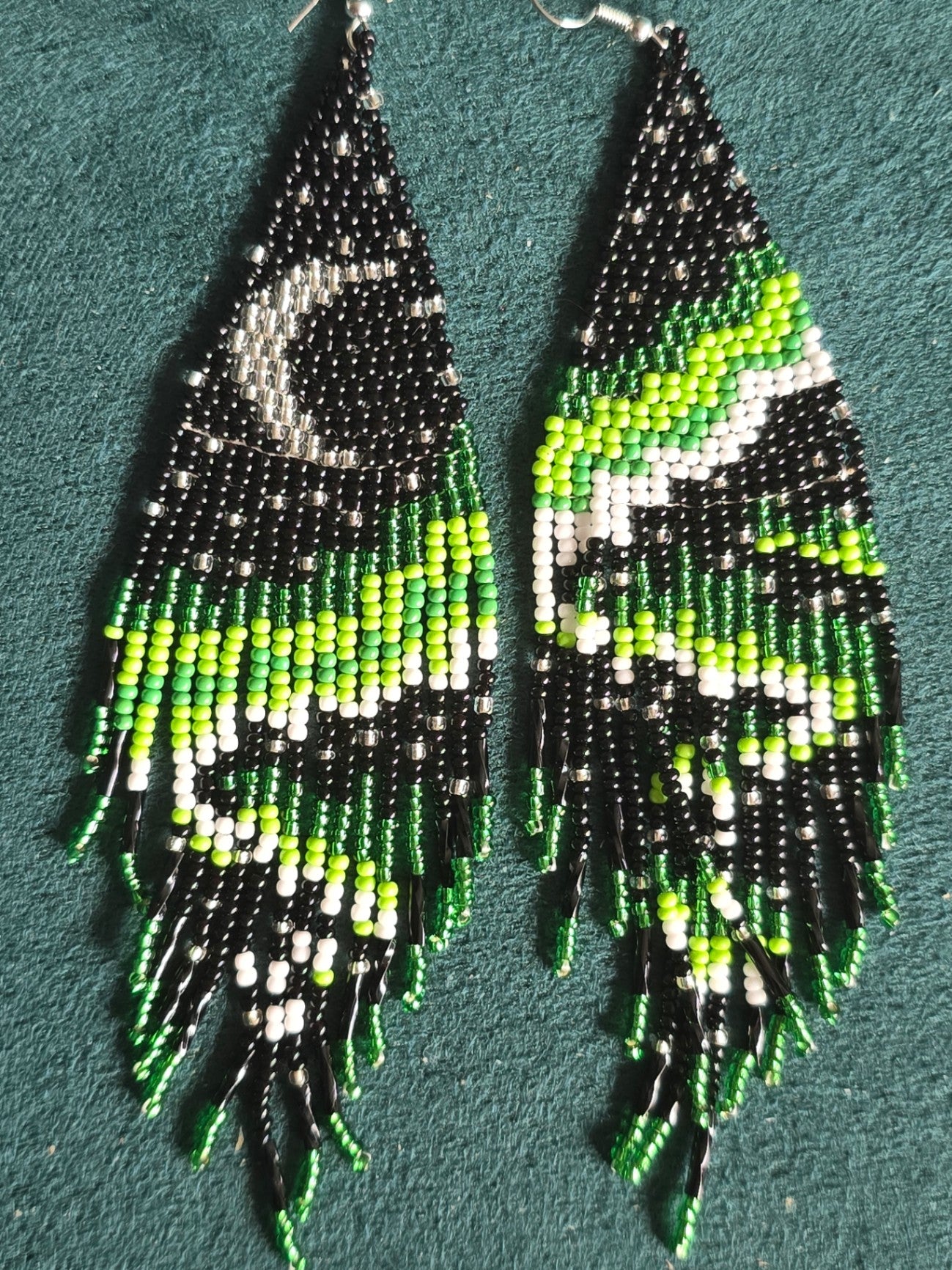 Beaded green moon earrings 