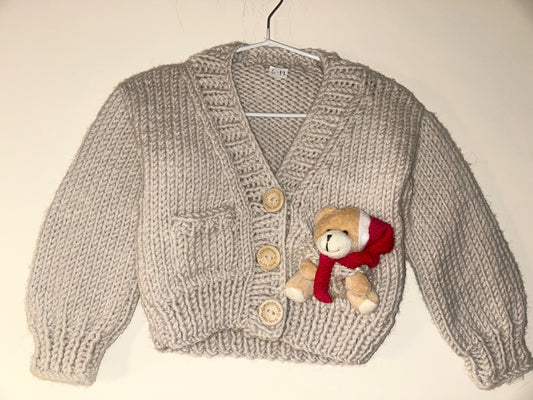 6-12m Christmas Teddy Handmade Beige Cardigan 