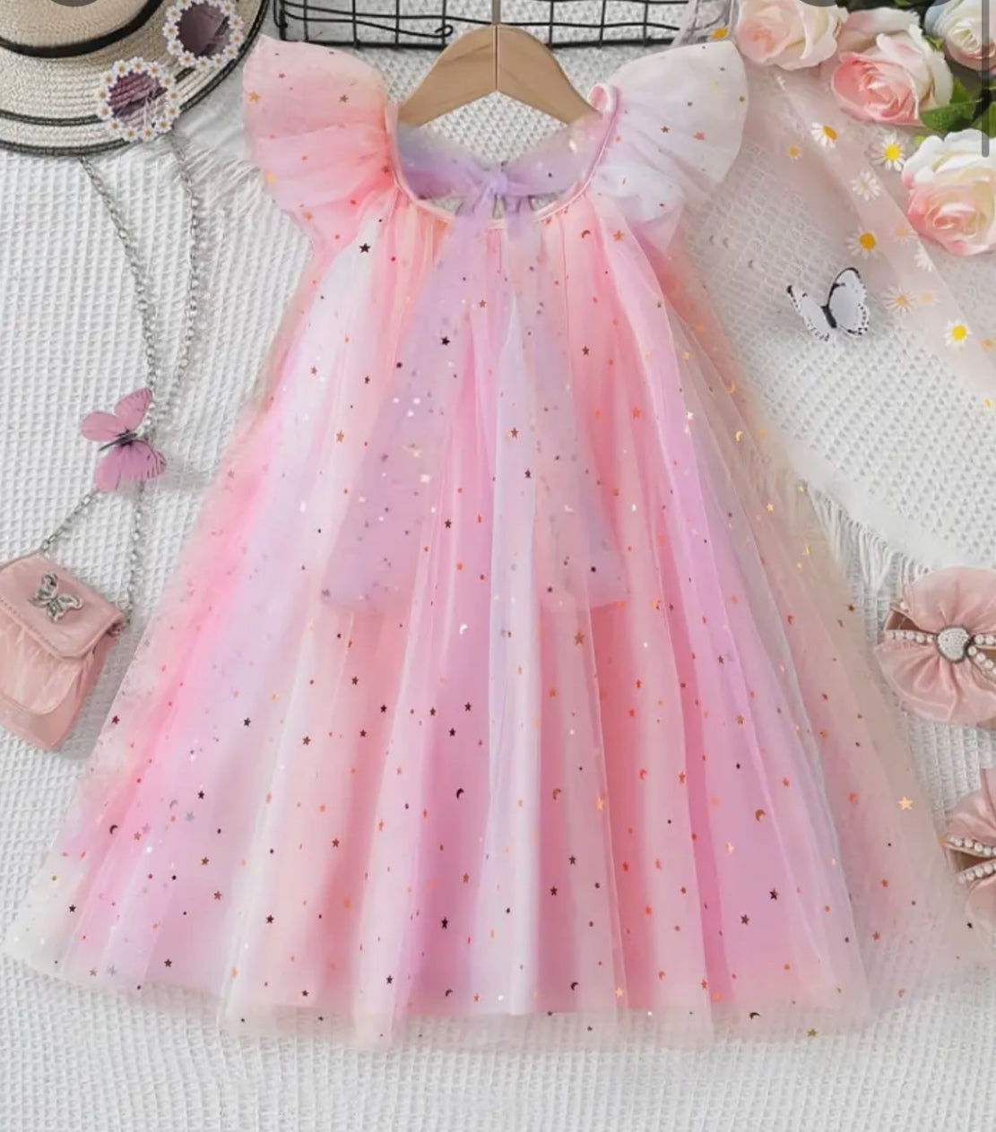 5ys Pink Tulle Dress With Gold Stars 