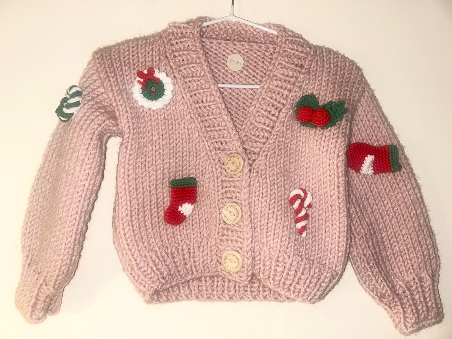 0-6m Pink Handmade Cardigan With Christmas Designs 