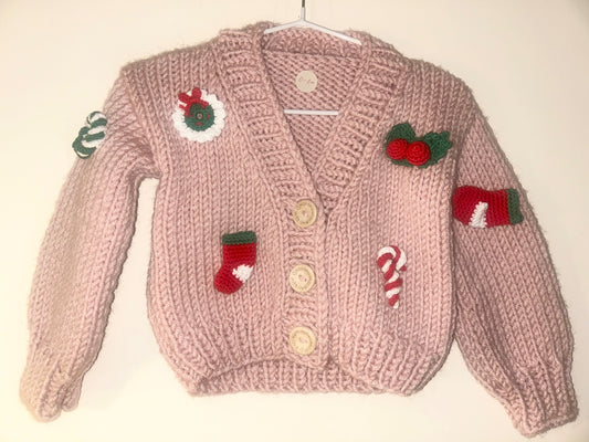 0-6m Pink Handmade Cardigan With Christmas Designs 