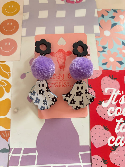 Lilac Flower Ghost Pom Pom Stack Earrings