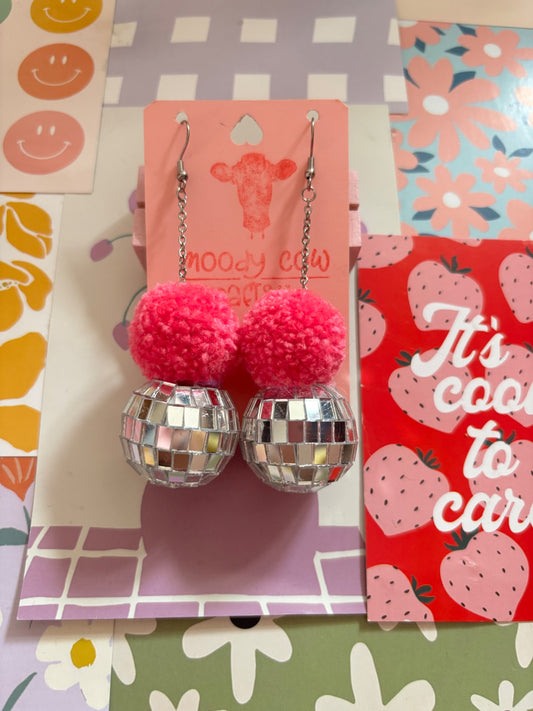 Pink Disco Pom Pom Earrings
