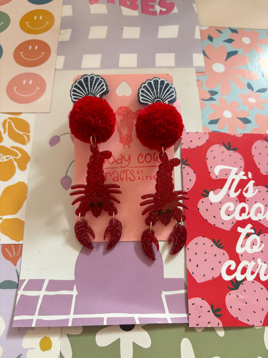 Lobster Pom Pom Stack Earrings