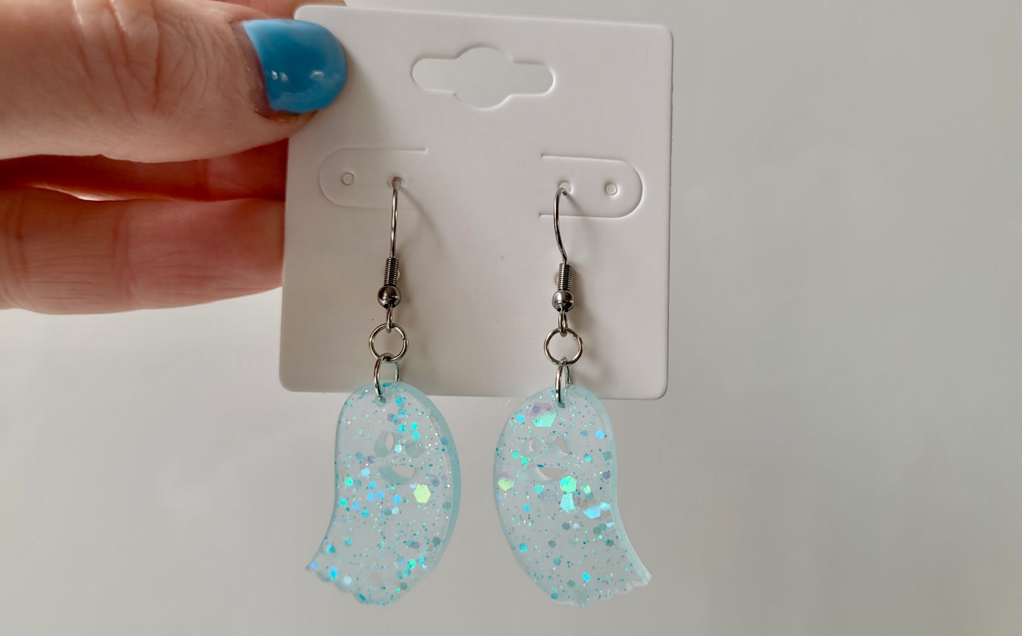 Pastel Blue Glitter Ghost Earrings – Handmade Resin with Sparkle | Sketchy & Spicy