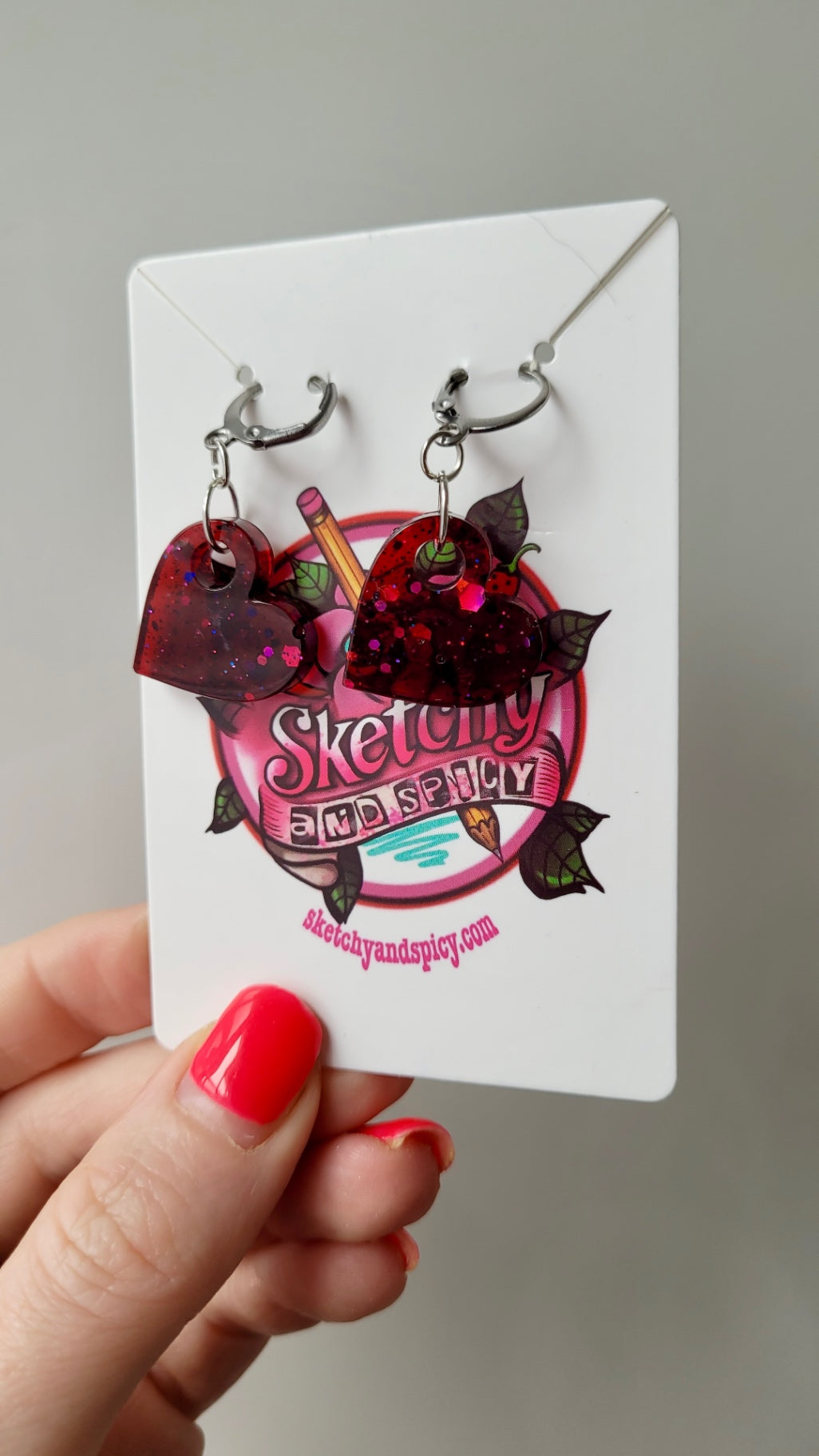 Red Glitter Heart Earrings – Handmade Resin with Stainless Steel Leverback Hoops | Sketchy & Spicy